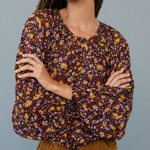 Anthropologie Pauline Balloon-Sleeve Blouse Black Floral NWT Size Medium Petite